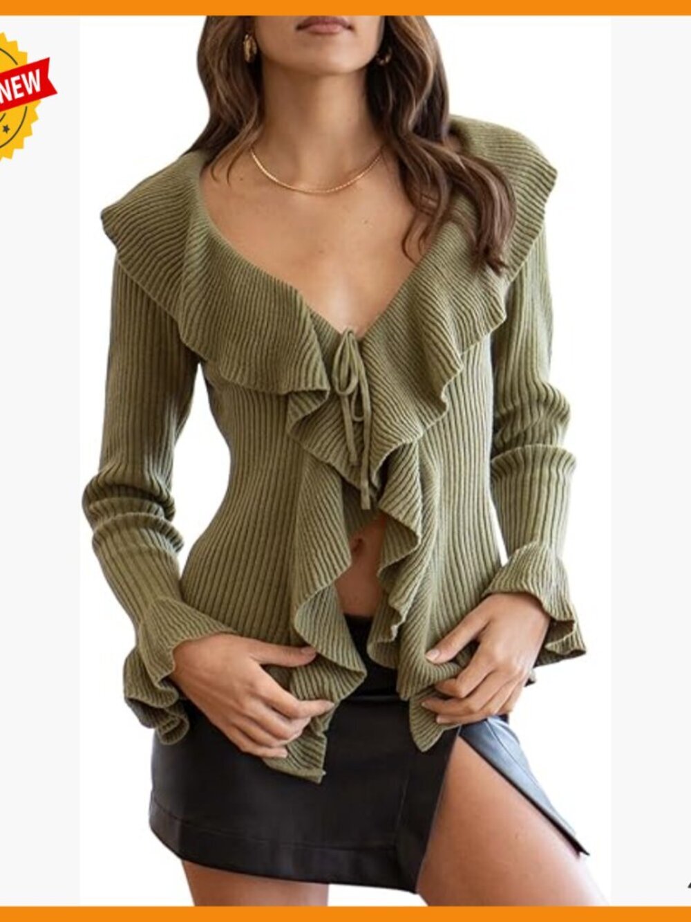 V Neck Ruffle Wrap Sweater Long Sleeve Loose Fit Drawstring Detail